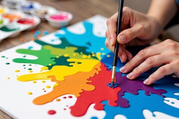 Naklejka premium Creating Colorful Art: Hands at Work with Paintbrushes on a Canvas