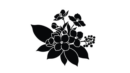 Elegant floral arrangement with detailed leaves and blossoms a black silhouette