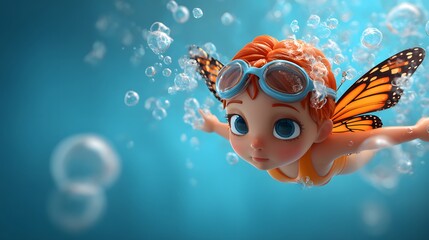 Dynamic 3d cartoon swimmer performing the butterfly stroke in blue water showing power and technique for sports and fitness concepts