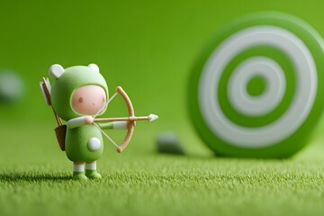 Focused 3d cartoon archer releasing an arrow from a bow aiming at a target with precision and skill illustrating concentration and accuracy