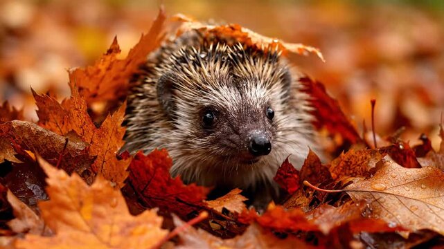 Cute hedgehog hides in autumn leaves. Forest animal. Fall foliage scene.