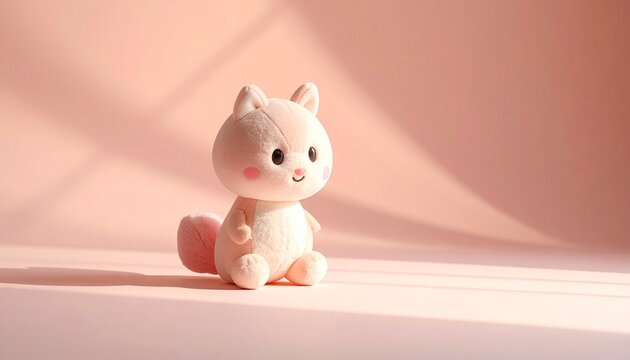A light brown plush animal with large ears and white accents sits against a pale pink background with soft shadows.