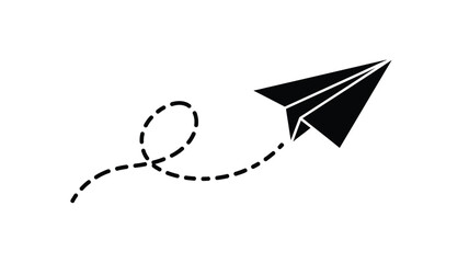 A paper airplane in flight with a dashed path simple silhouette