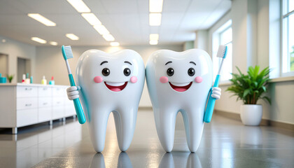 Happy Cartoon Teeth Holding Toothbrushes.