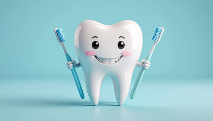 Happy Cartoon Teeth Holding Toothbrushes.