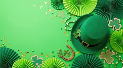 Lush green background with a leprechaun hat surrounded by shamrocks and decorative circular patterns in various shades