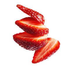 Stack of sliced strawberries suspended in air, isolated against a black backdrop