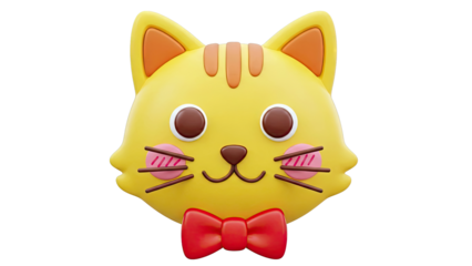 3D Rendered Yellow Cat Face with Red Bow Tie