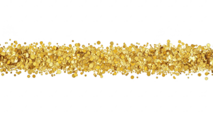 Horizontal strip of gold glitter confetti on transparent background for celebration or festive design