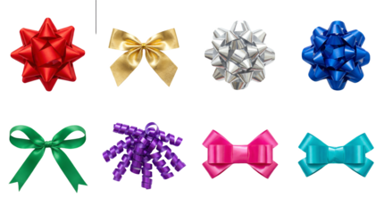 Gift bow and ribbon set including satin, metallic, curly, and star styles isolated. Decorative holiday and celebration accessories.