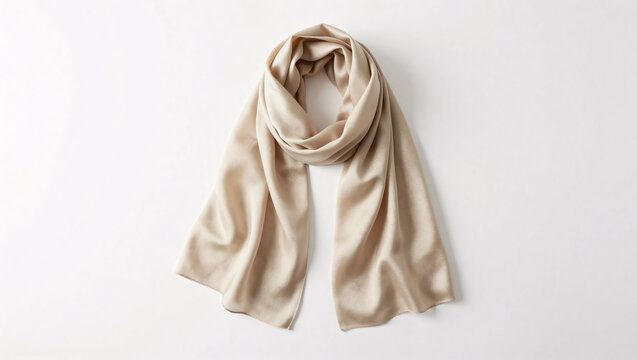 A luxurious beige silk scarf is elegantly draped against a clean white background, highlighting its soft, glossy texture and classic appeal.