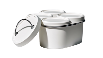 White lunchbox with four round containers and a metal handle; one lid opened