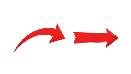 Red curved arrow pointing to the right symbolizing direction movement or progress on a transparent background