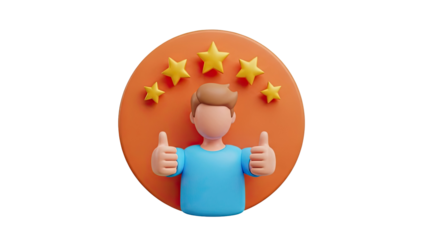 3D character giving thumbs up with five stars