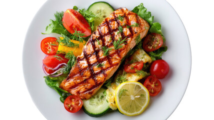 Grilled salmon atop salad, with cucumbers, lemon, and sliced tomatoes on plate