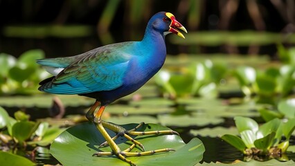 Purple Gallinule standing on lily pad.