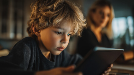 Young boy focused on learning using digital tablet at home.