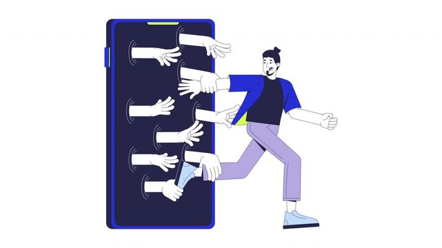 Social media addiction 2D animation. Digital dependency. Phone obsession. Man running away from smartphone with hands grabbing animated character cartoon flat concept metaphor 4K video isolated