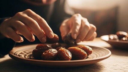 Person's hands arranging dates on a plate during a meal.