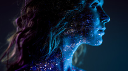 Double exposure profile of woman face with digital network city overlay.