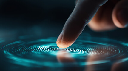 Finger touching glowing biometric fingerprint scanner for security access.