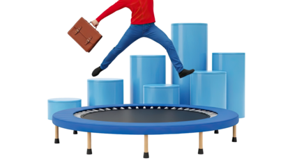 Businessman jumping on trampoline with bar graph