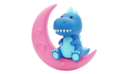 Blue Dinosaur Sitting on Pink Crescent Moon