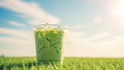Healthy Iced Matcha Beverage with Creamy Milk Layers in a Summer Meadow