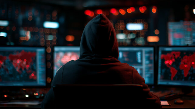 Anonymous hacker in hoodie working on computers with red alert screens.