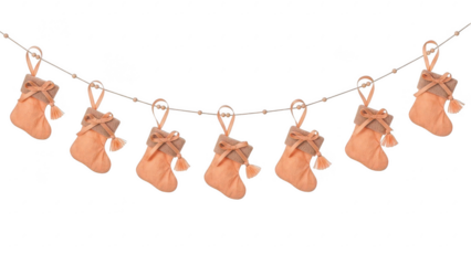 Decorative christmas stocking garland with small orange stockings hanging on a string for holiday decoration isolated on transparent background