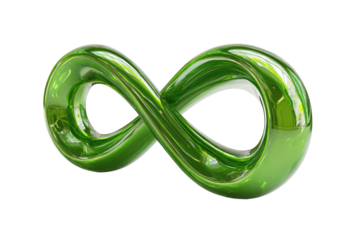 Glossy, green infinity symbol, looped form against a stark black background