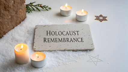 Holocaust remembrance candles and memorial stone in snow