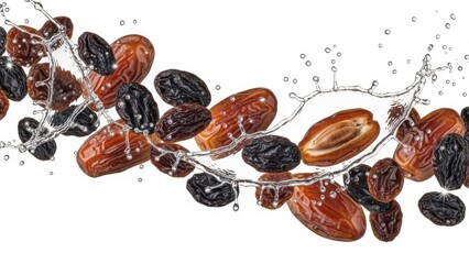 Realistic Splash of Raisins and Dates in Mid Air with Professional Shading on White