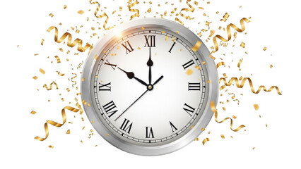 Elegant round clock with roman numerals showing midnight, surrounded by festive gold confetti and streamers for celebration isolated on transparent background