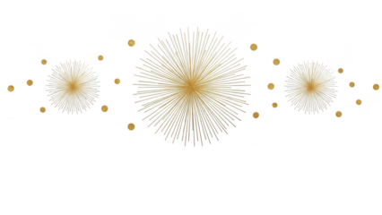 Elegant golden fireworks display with sparkling bursts and radiant light effects on a transparent background