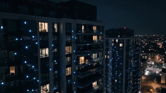 Night cityscape view of illuminated building with city lights, modern architecture.