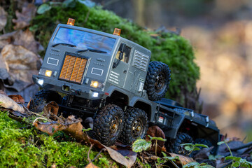 Ein Modelltruck 8x8 Allrad an einem bemoosten Baumstumpf in Scene gesetzt
