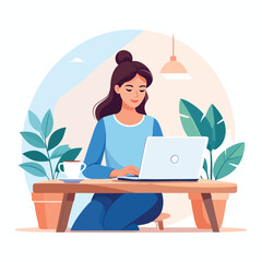 A woman working on a laptop at a wooden desk surrounded by plants in a cozy environment