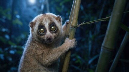 Cute Slow Loris climbing bamboo in forest at night