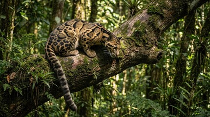 Clouded Leopard resting on tree branch in tropical forest