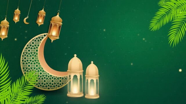 Islamic Ramadan Kareem greeting background with golden crescent moon and lanterns