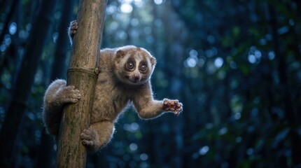 Cute Slow Loris climbing bamboo in forest at night
