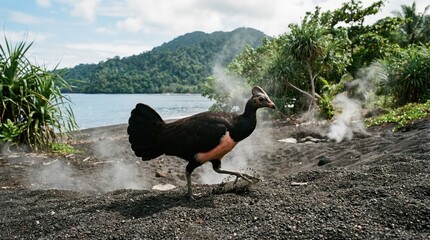 Endemic Maleo bird walking on volcanic sand in Sulawesi