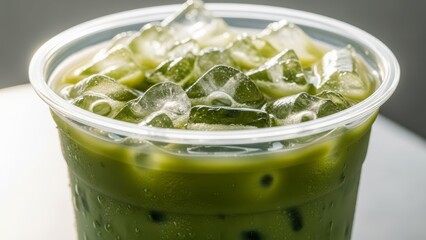 Macro View of Refreshing Iced Matcha Green Tea with Clear Ice Cubes