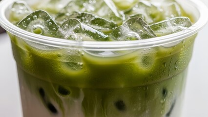 Close-up of Chilled Matcha Latte Featuring Textured Ice and Condensation