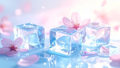 春を告げる雪解けの輝き。クリスタルな氷に添えられた桜の花と幻想的なパステル背景
