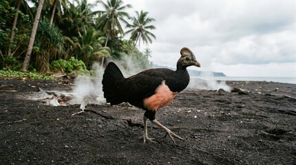 Endemic Maleo bird walking on volcanic sand in Sulawesi