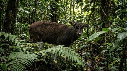 Lowland Anoa dwarf buffalo standing in dense rainforest shadows