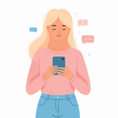 A young woman with long blonde hair is texting on her mobile phone surrounded by speech bubbles