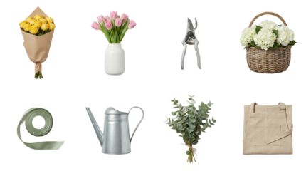 Floral and gardening set including rose bouquet, tulip vase, shears, hydrangea basket, ribbon, watering can, eucalyptus, and apron isolated. Florist workshop and flower arrangement collection.